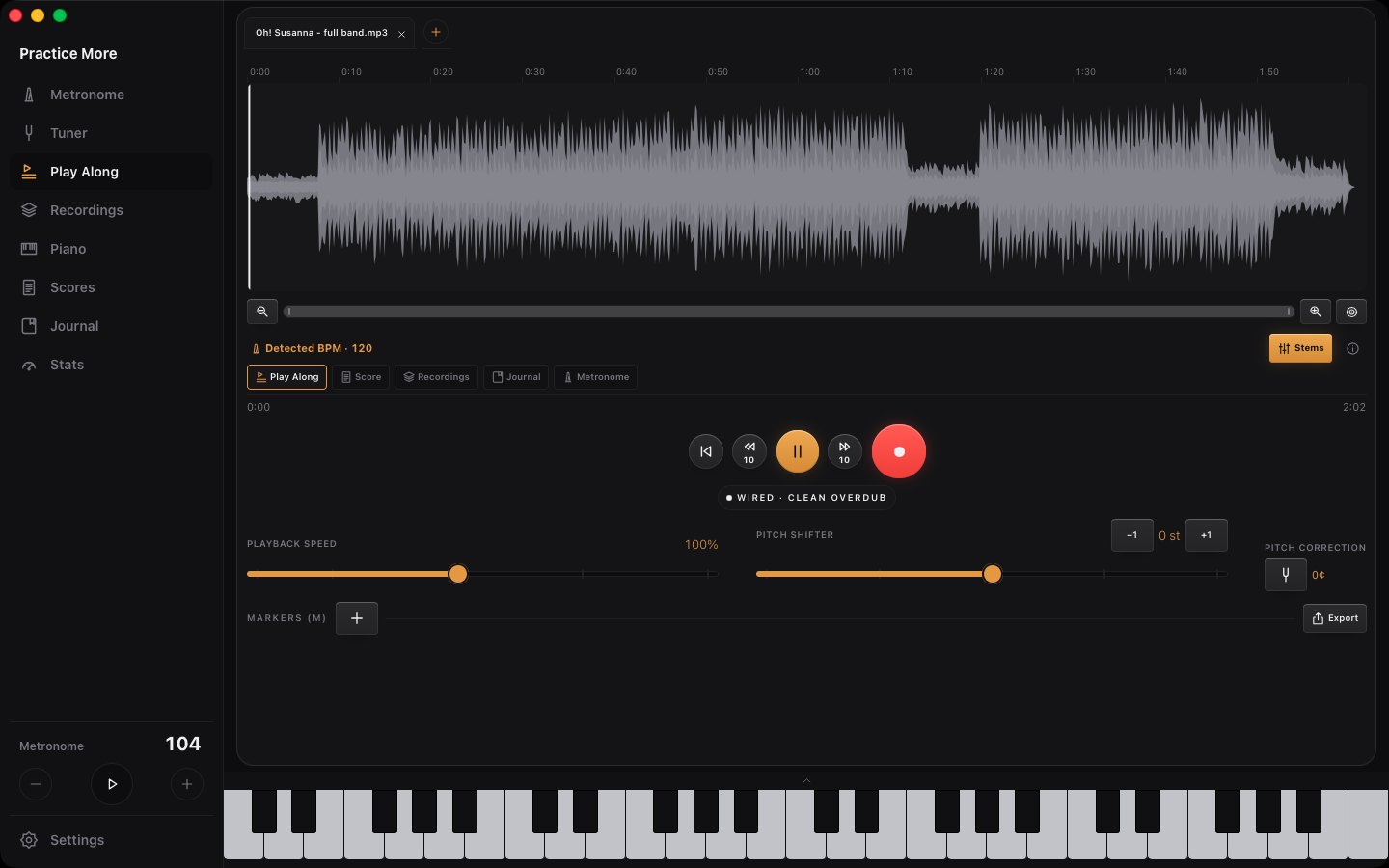 The audio editor playing Oh! Susanna: waveform, detected BPM, speed and pitch controls