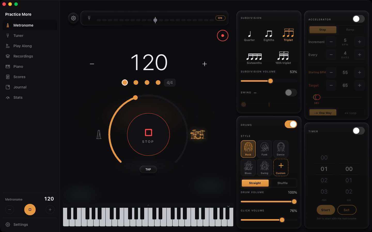 Practice More for Mac: the metronome running at 120 BPM with a rock drum groove, subdivisions and timer