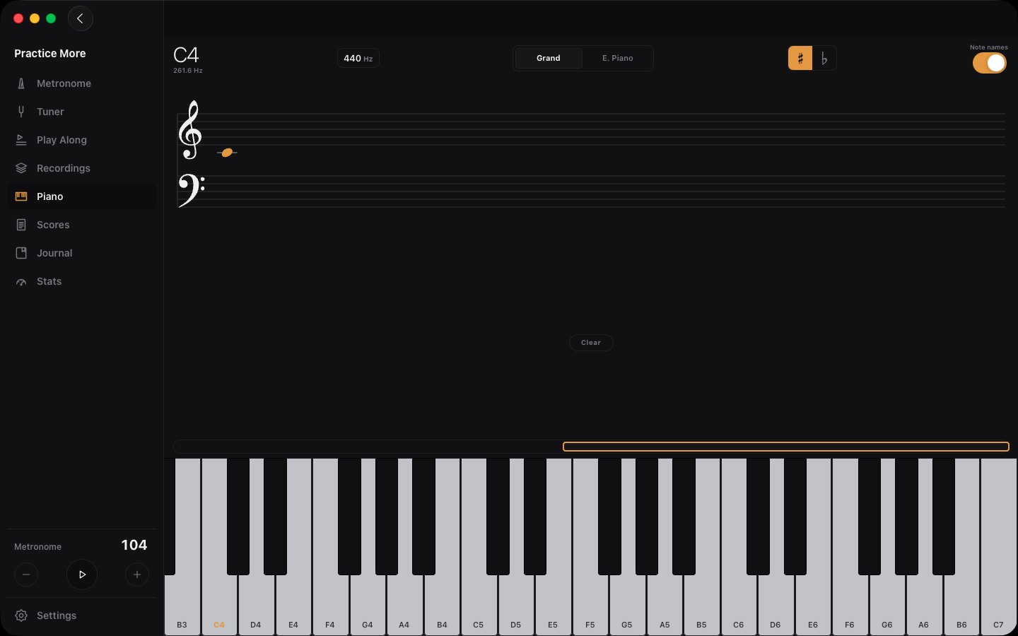 The piano: every key you play lights up and lands on the grand staff