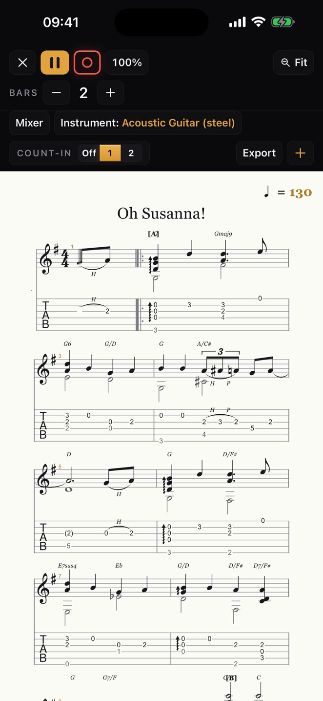Practice More on iPhone: Oh Susanna! playing back, notation and tab
